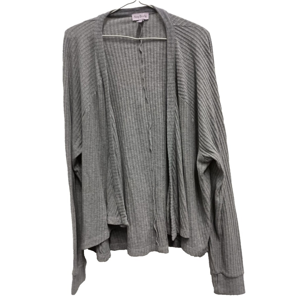 AnyBody Womens Cardigan Size Medium Gray Ribbed Soft Open Front Casual